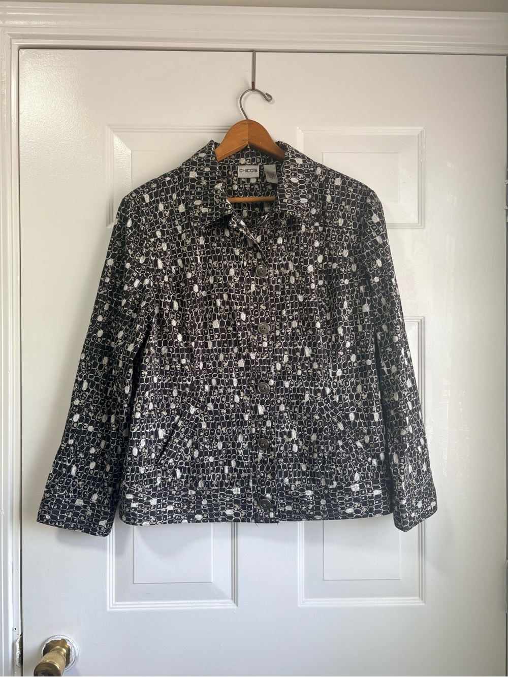 Vintage Chico's Black and White Mosaic Print Lightweight Jacket Chicos Size 2